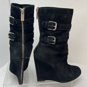 Michael Kors Sz 9 Parker Black Suede Leather Wedge Heel Exposed Zip Ankle Boots